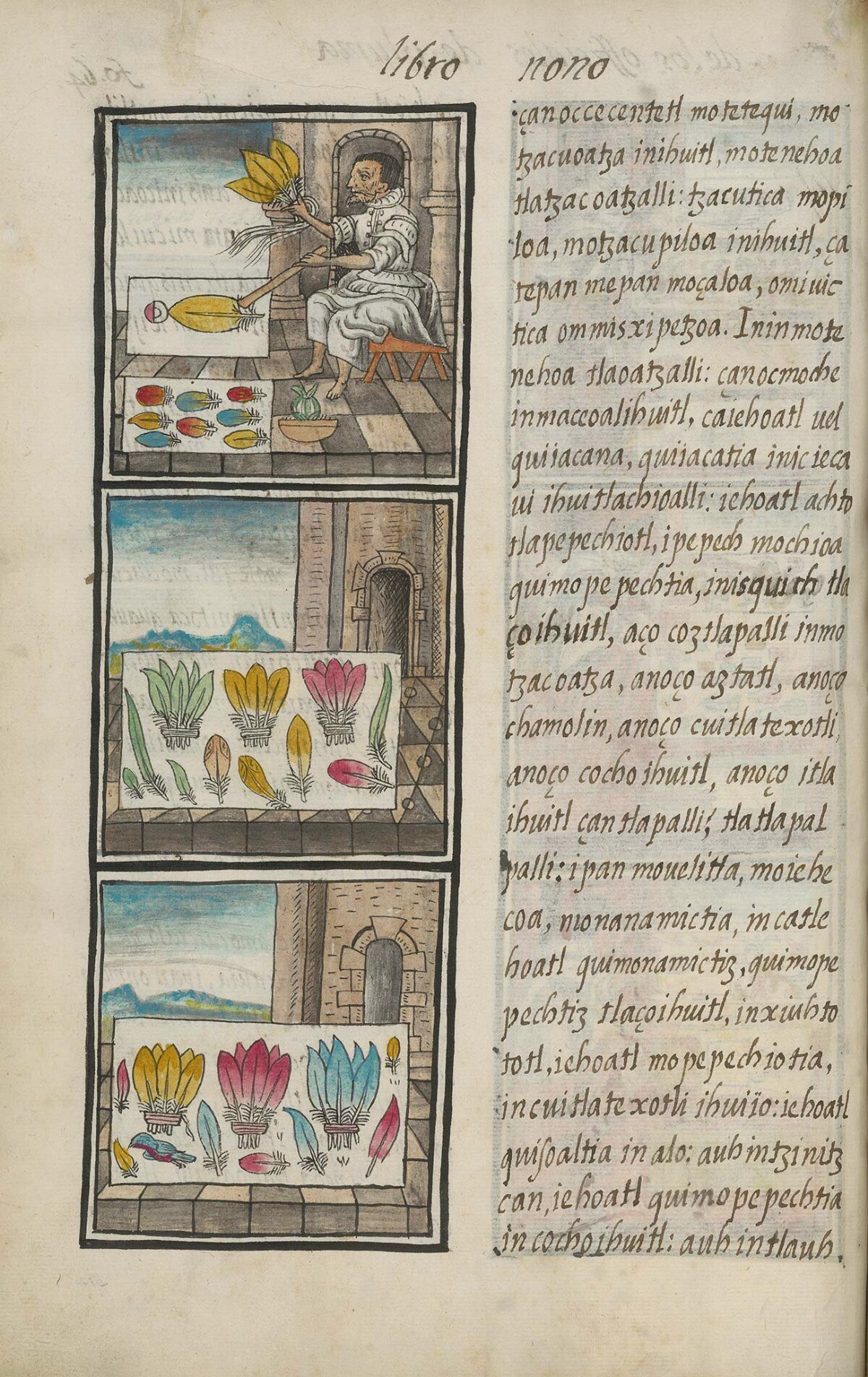 Florentine Codex page showing featherwork artisans